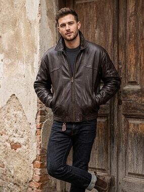Phase 2 Vintage Mens Leather Jacket XL Regular Brown Bomber Full Zip Casual Coat